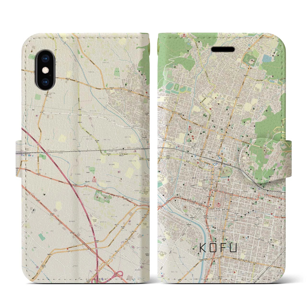 【甲府(山梨県)】地図柄iPhoneケース(手帳タイプ)ナチュラル・iPhone XS / X 用