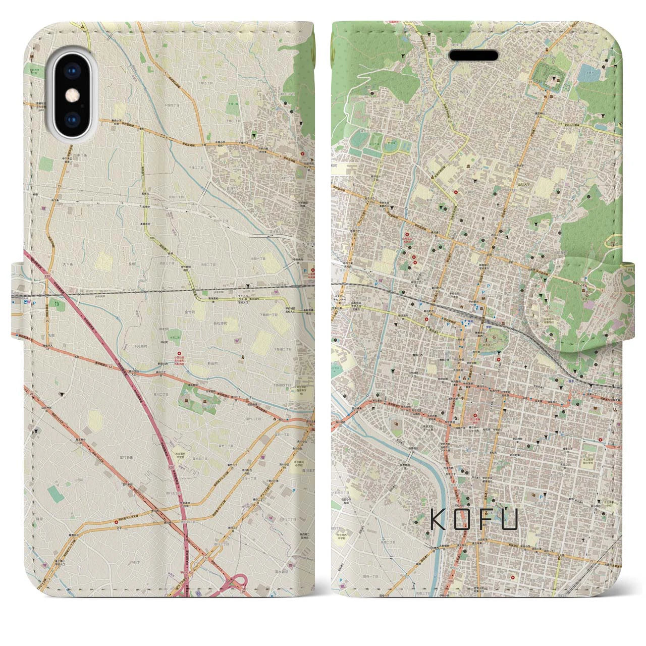 【甲府(山梨県)】地図柄iPhoneケース(手帳タイプ)ナチュラル・iPhone XS Max 用