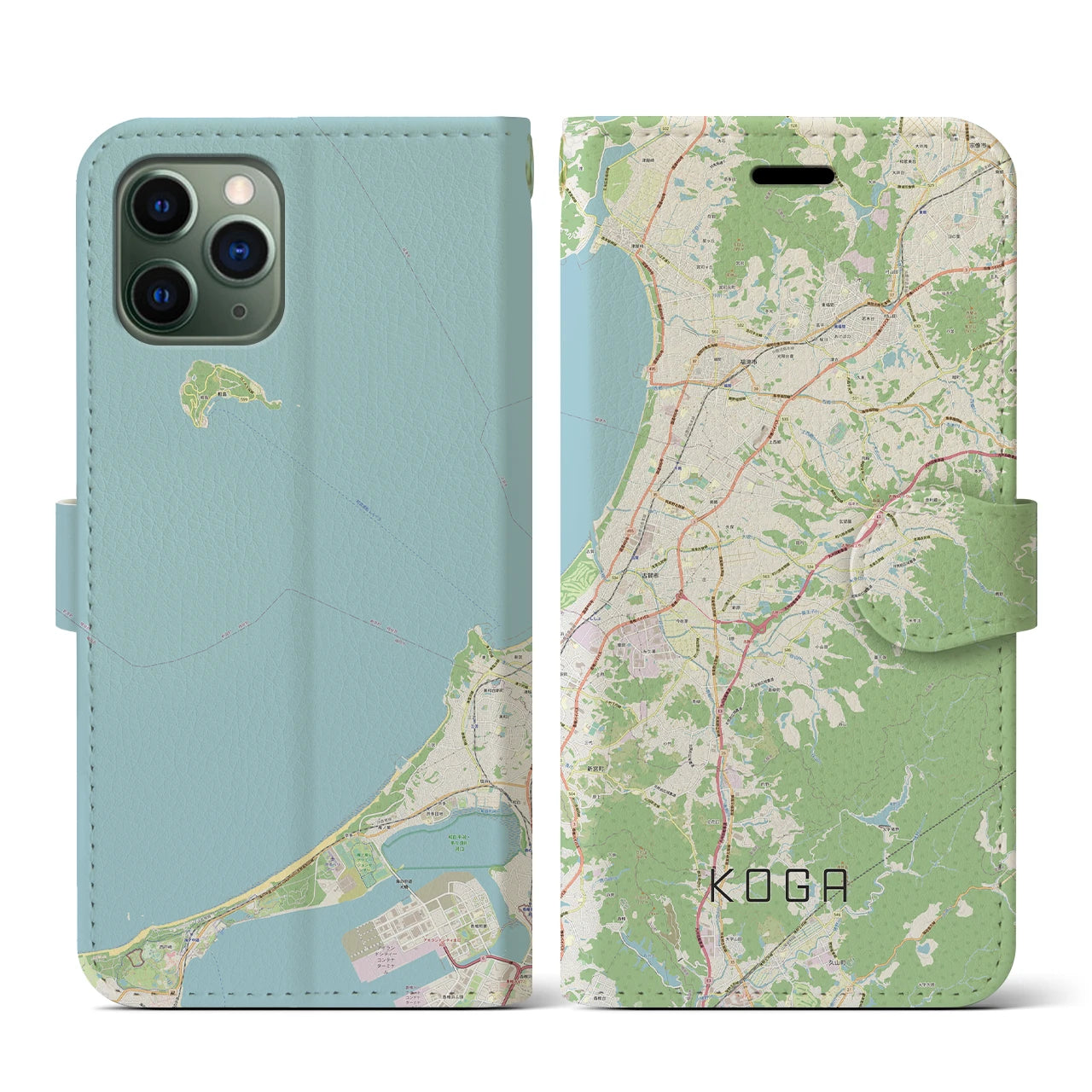 【古賀(福岡県)】地図柄iPhoneケース(手帳タイプ)ナチュラル・iPhone 11 Pro 用
