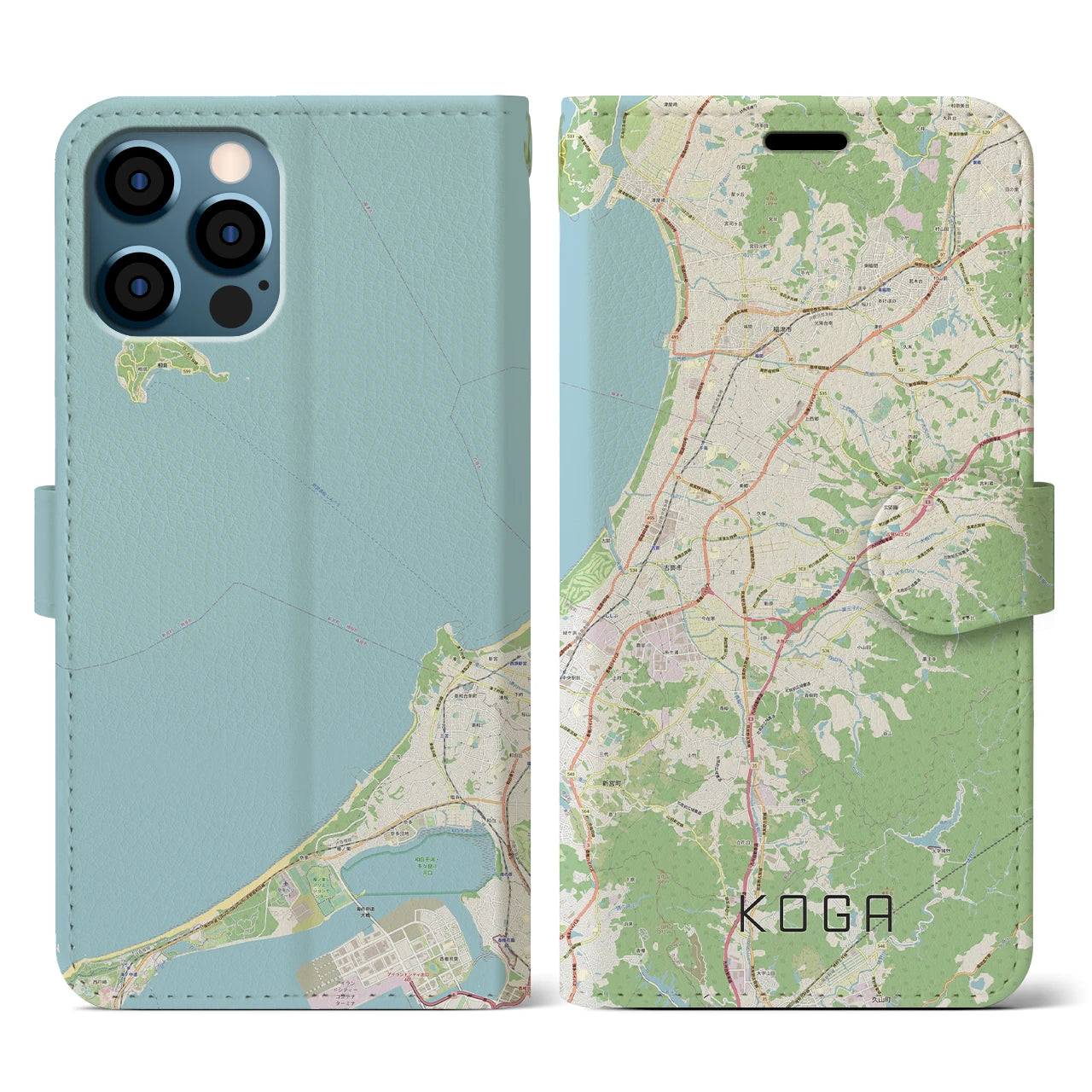 【古賀(福岡県)】地図柄iPhoneケース(手帳タイプ)ナチュラル・iPhone 12 / 12 Pro 用