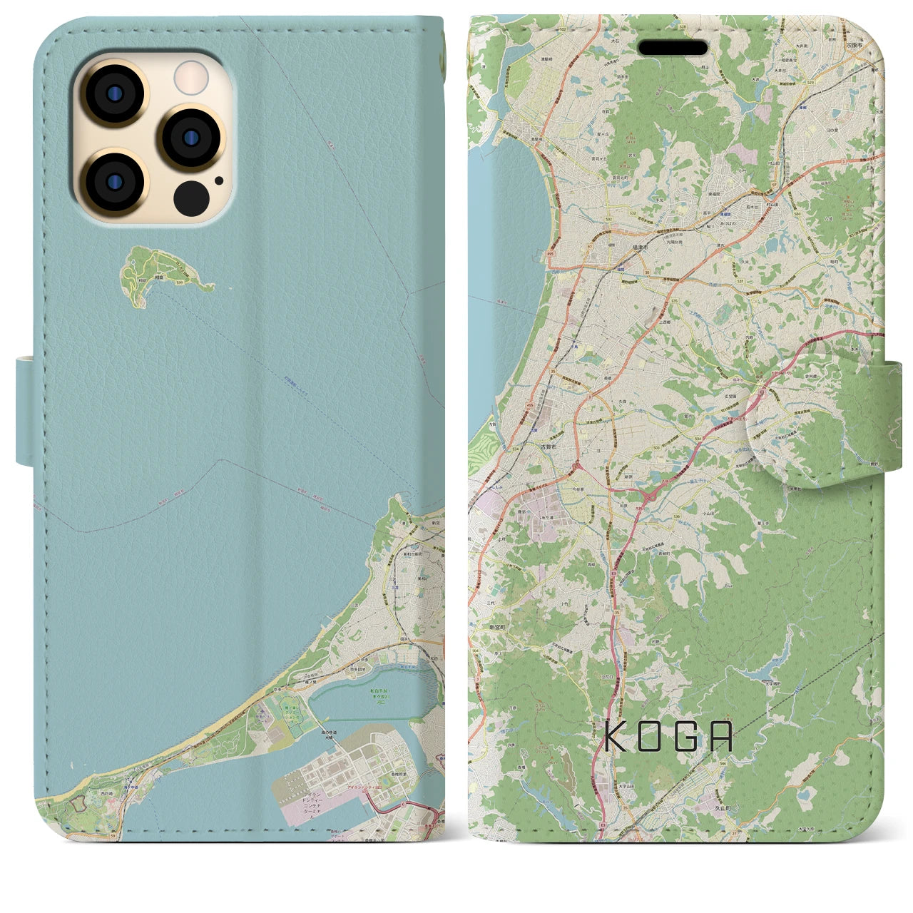 【古賀(福岡県)】地図柄iPhoneケース(手帳タイプ)ナチュラル・iPhone 12 Pro Max 用