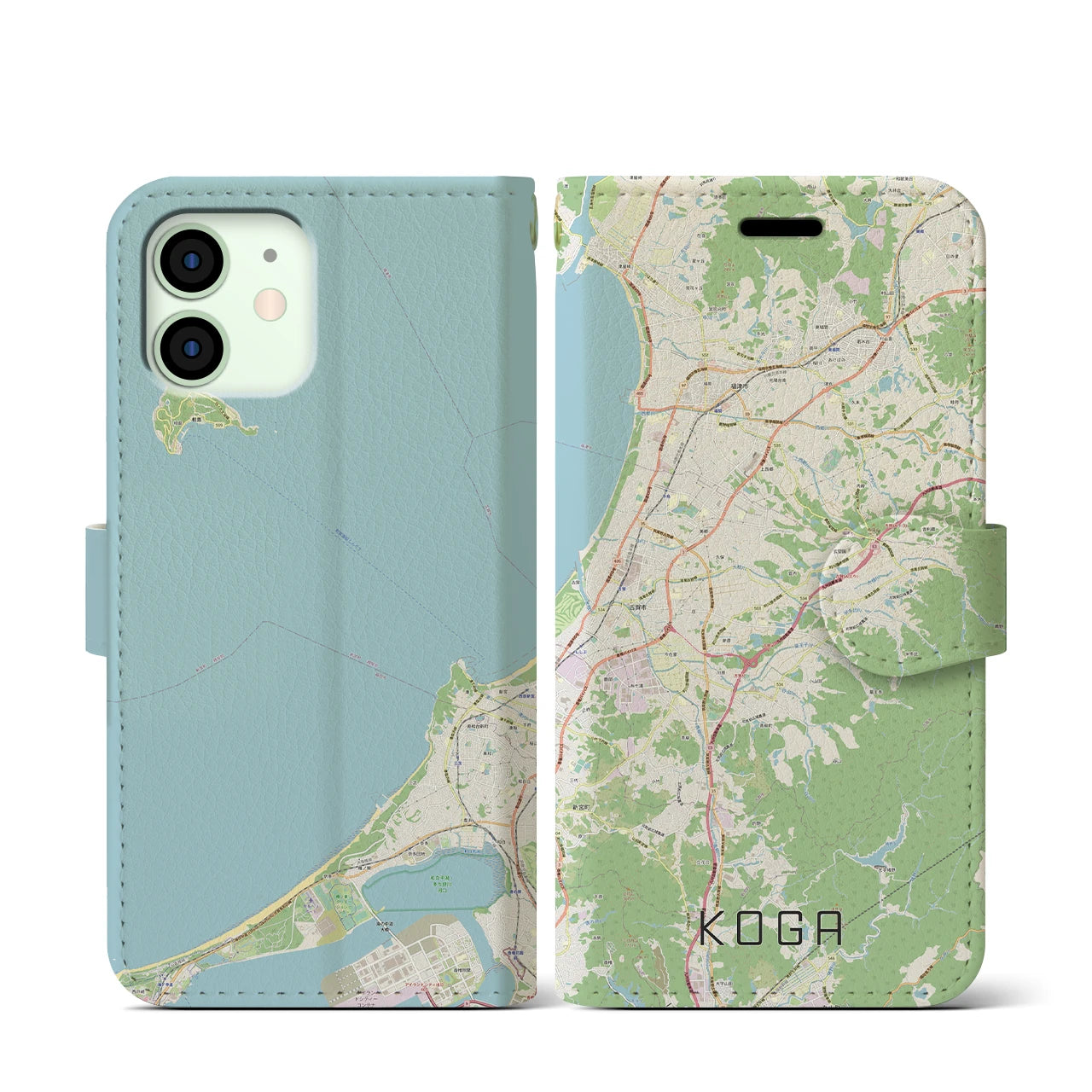 【古賀(福岡県)】地図柄iPhoneケース(手帳タイプ)ナチュラル・iPhone 12 mini 用