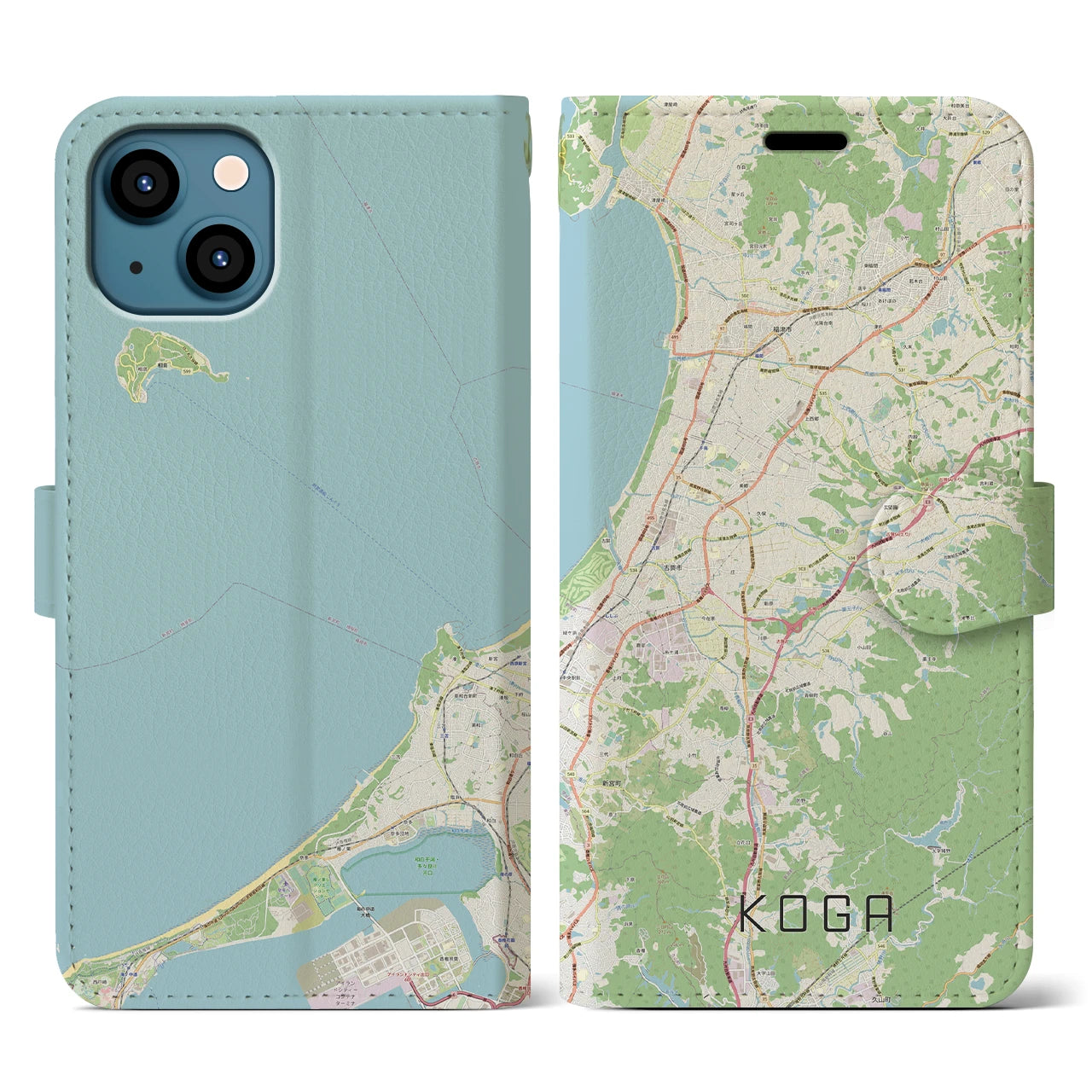 【古賀(福岡県)】地図柄iPhoneケース(手帳タイプ)ナチュラル・iPhone 13 用