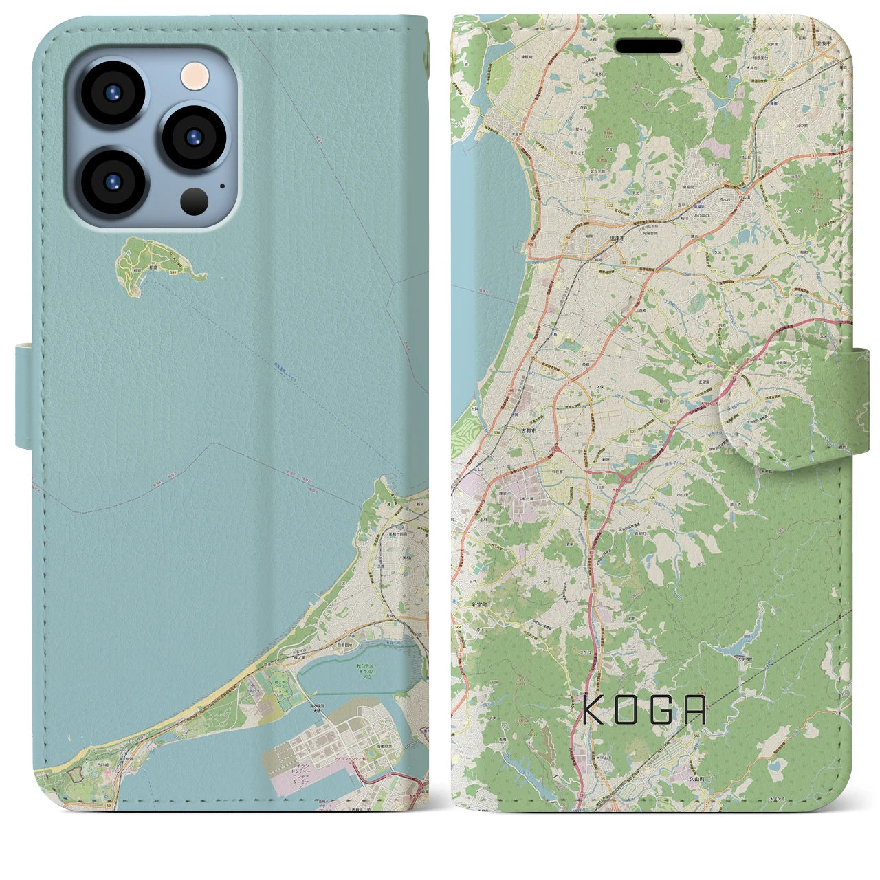 【古賀(福岡県)】地図柄iPhoneケース(手帳タイプ)ナチュラル・iPhone 13 Pro Max 用