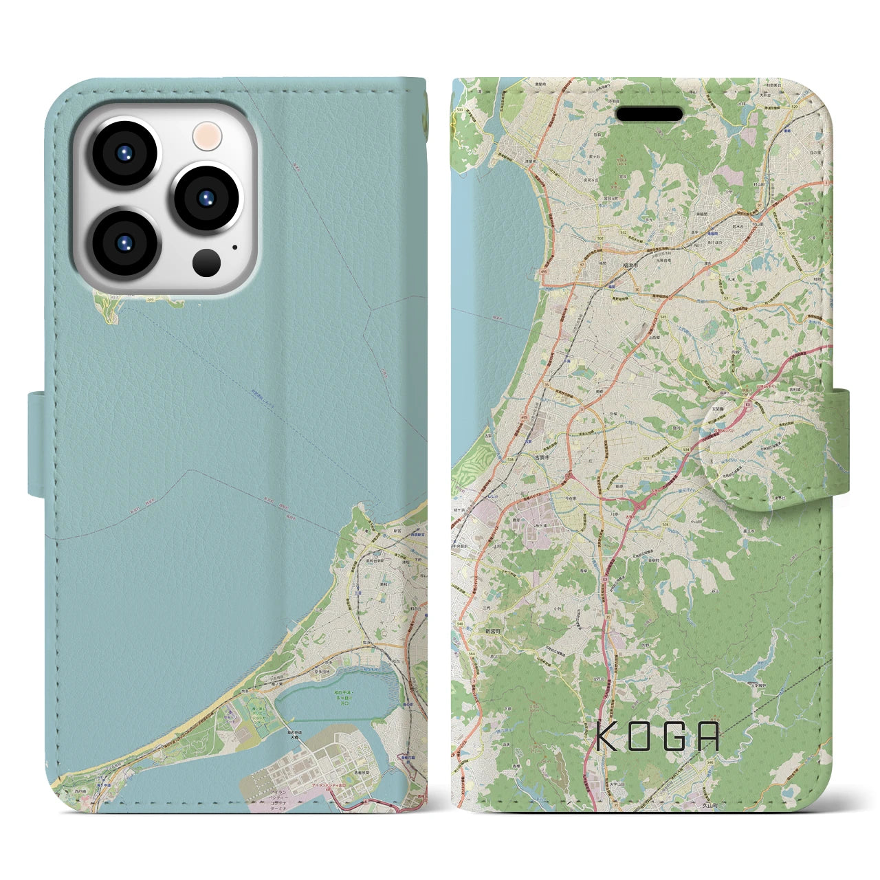 【古賀(福岡県)】地図柄iPhoneケース(手帳タイプ)ナチュラル・iPhone 13 Pro 用