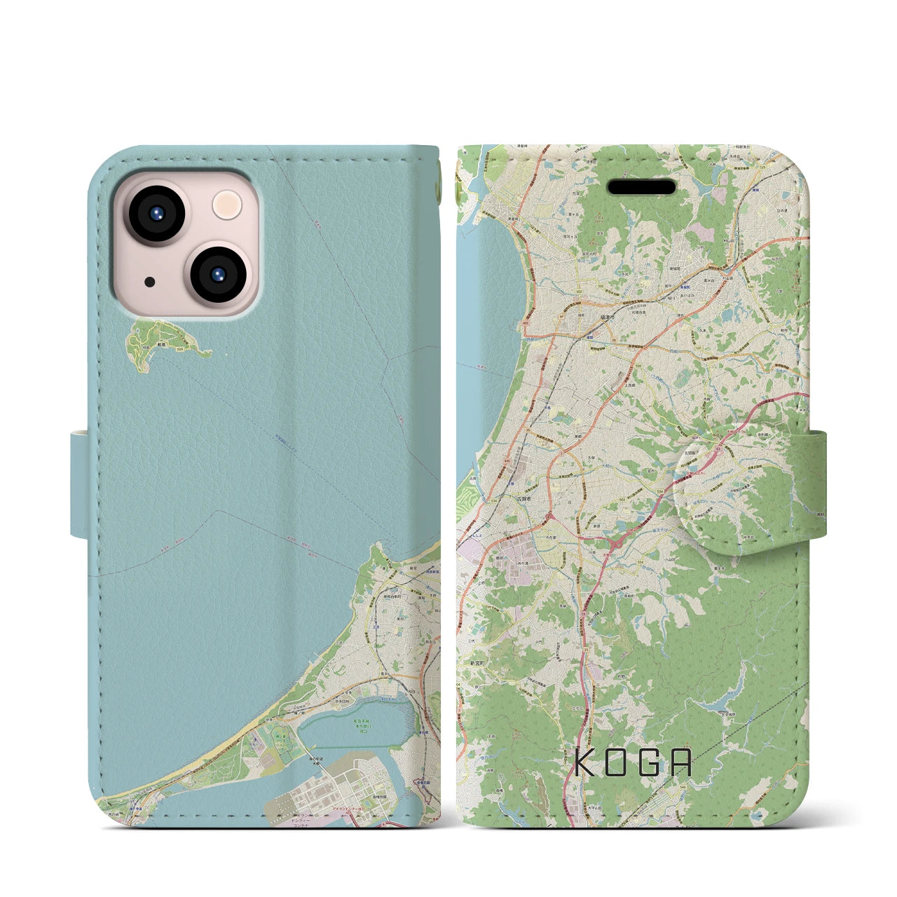 【古賀(福岡県)】地図柄iPhoneケース(手帳タイプ)ナチュラル・iPhone 13 mini 用