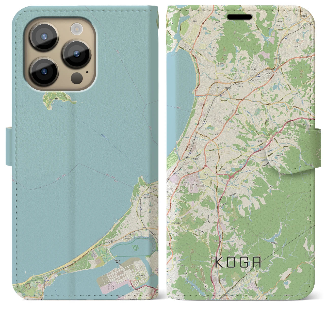 【古賀(福岡県)】地図柄iPhoneケース(手帳タイプ)ナチュラル・iPhone 14 Pro Max 用