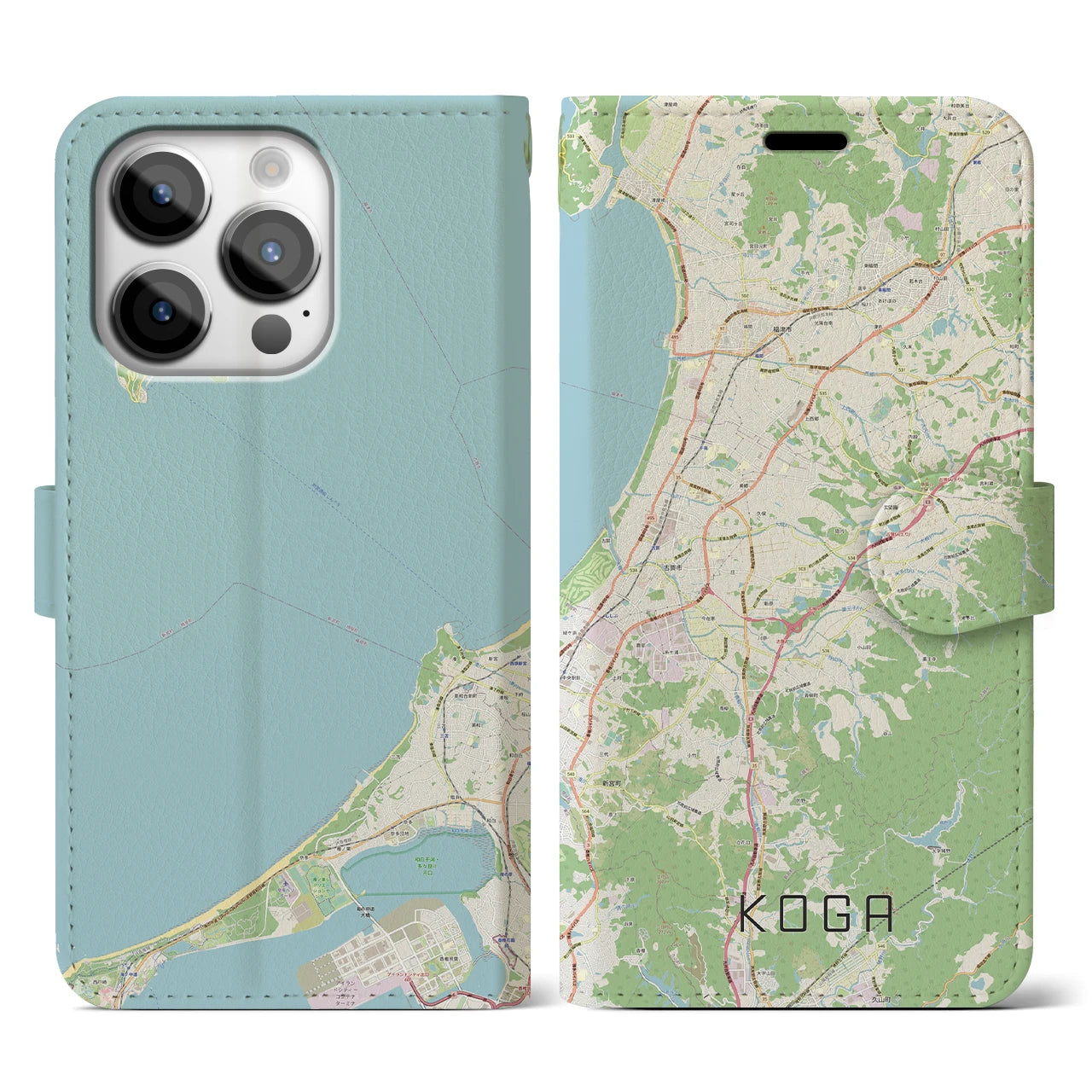 【古賀(福岡県)】地図柄iPhoneケース(手帳タイプ)ナチュラル・iPhone 14 Pro 用