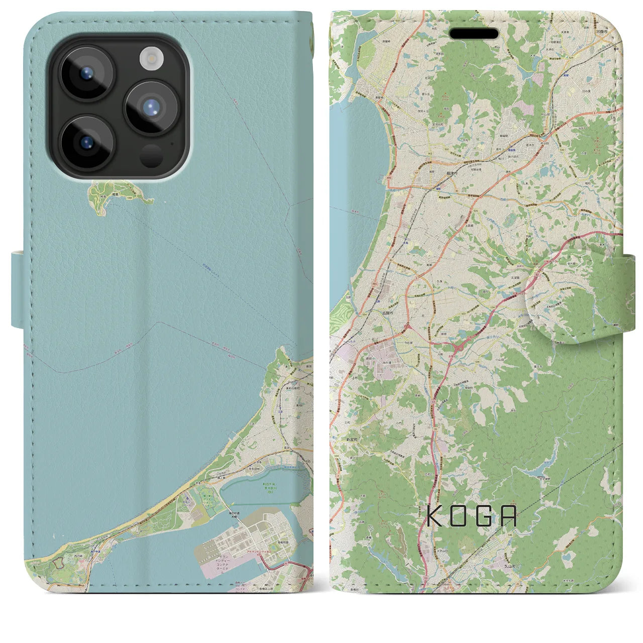 【古賀(福岡県)】地図柄iPhoneケース(手帳タイプ)ナチュラル・iPhone 15 Pro Max 用