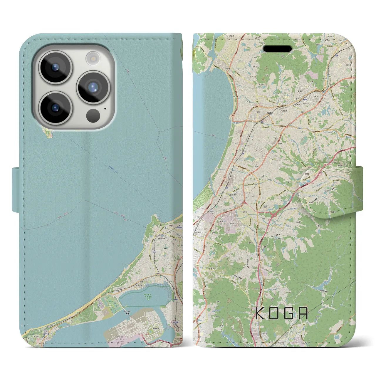【古賀(福岡県)】地図柄iPhoneケース(手帳タイプ)ナチュラル・iPhone 15 Pro 用