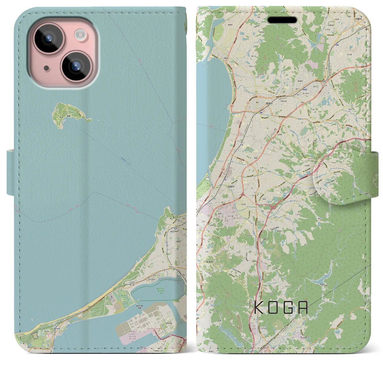 【古賀(福岡県)】地図柄iPhoneケース(手帳タイプ)ナチュラル・iPhone 15 Plus 用