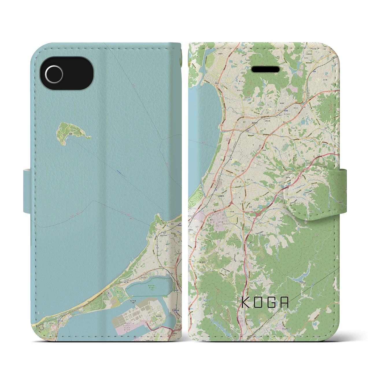 【古賀(福岡県)】地図柄iPhoneケース(手帳タイプ)ナチュラル・iPhone SE(第3 / 第2世代) / 8 / 7 / 6s / 6 用