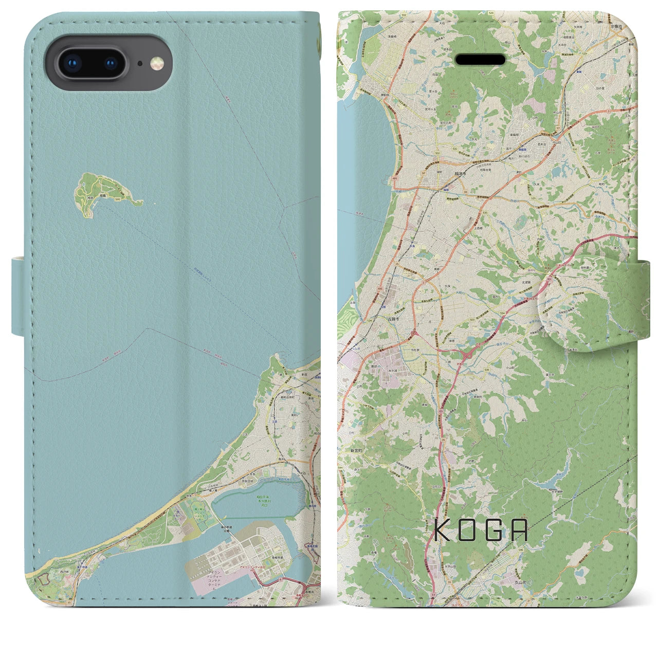 【古賀(福岡県)】地図柄iPhoneケース(手帳タイプ)ナチュラル・iPhone 8Plus /7Plus / 6sPlus / 6Plus 用