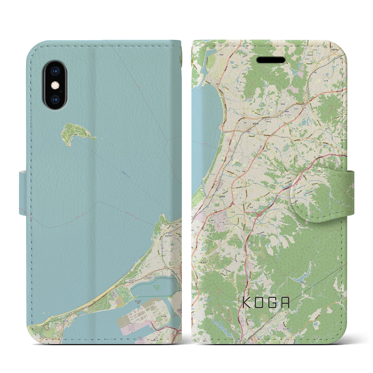 【古賀(福岡県)】地図柄iPhoneケース(手帳タイプ)ナチュラル・iPhone XS / X 用