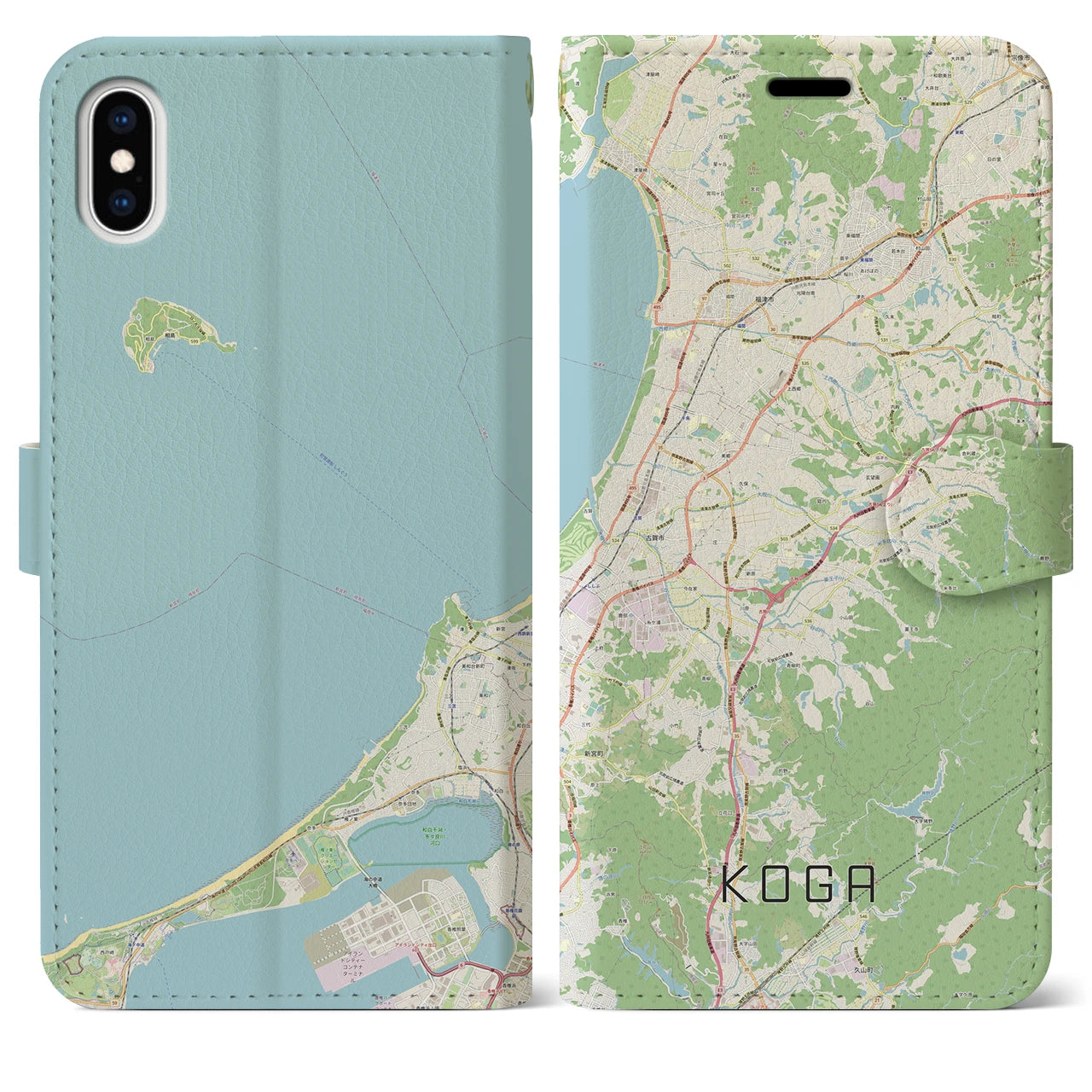 【古賀(福岡県)】地図柄iPhoneケース(手帳タイプ)ナチュラル・iPhone XS Max 用