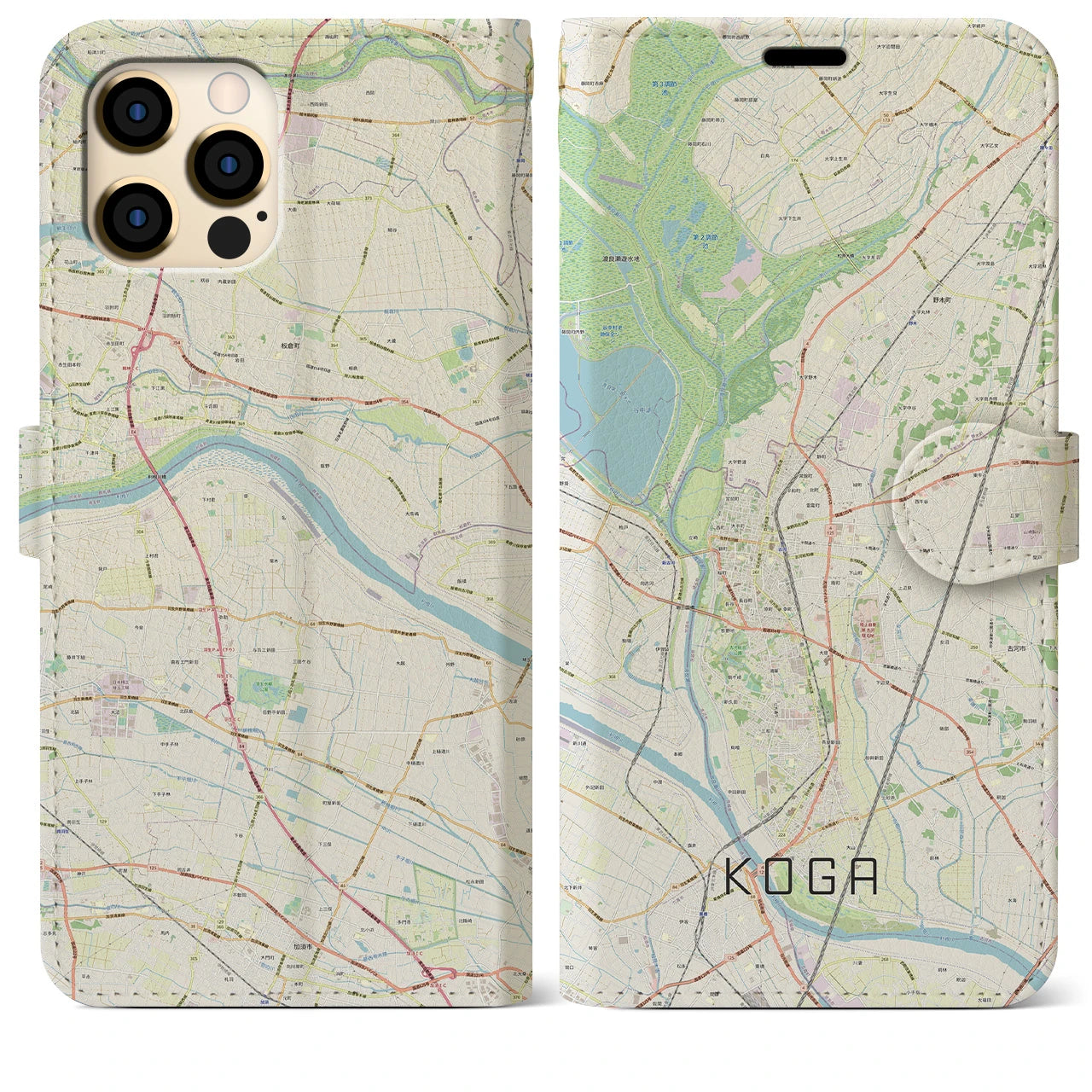 【古河(茨城県)】地図柄iPhoneケース(手帳タイプ)ナチュラル・iPhone 12 Pro Max 用