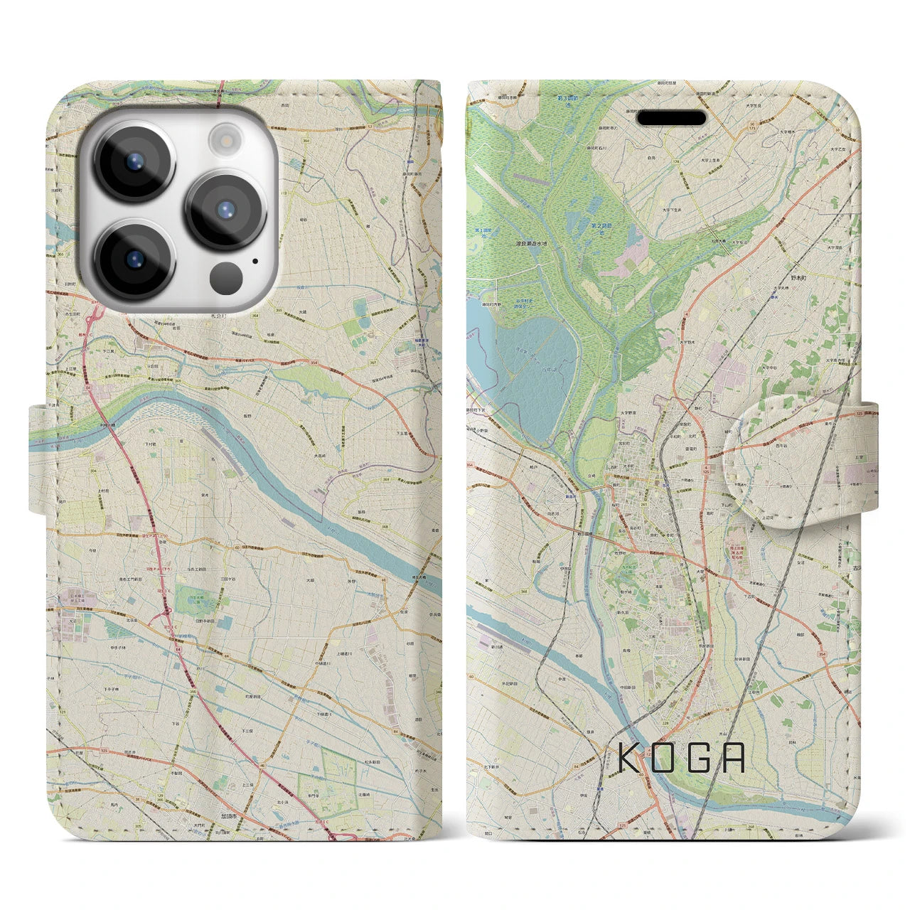 【古河(茨城県)】地図柄iPhoneケース(手帳タイプ)ナチュラル・iPhone 14 Pro 用