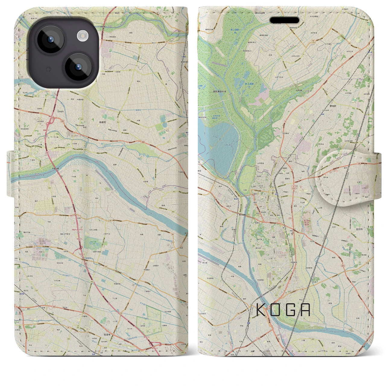 【古河(茨城県)】地図柄iPhoneケース(手帳タイプ)ナチュラル・iPhone 14 Plus 用