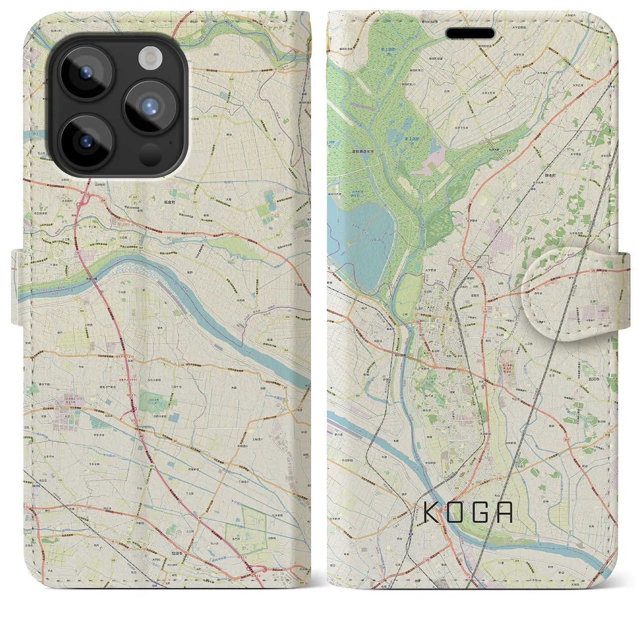 【古河(茨城県)】地図柄iPhoneケース(手帳タイプ)ナチュラル・iPhone 15 Pro Max 用