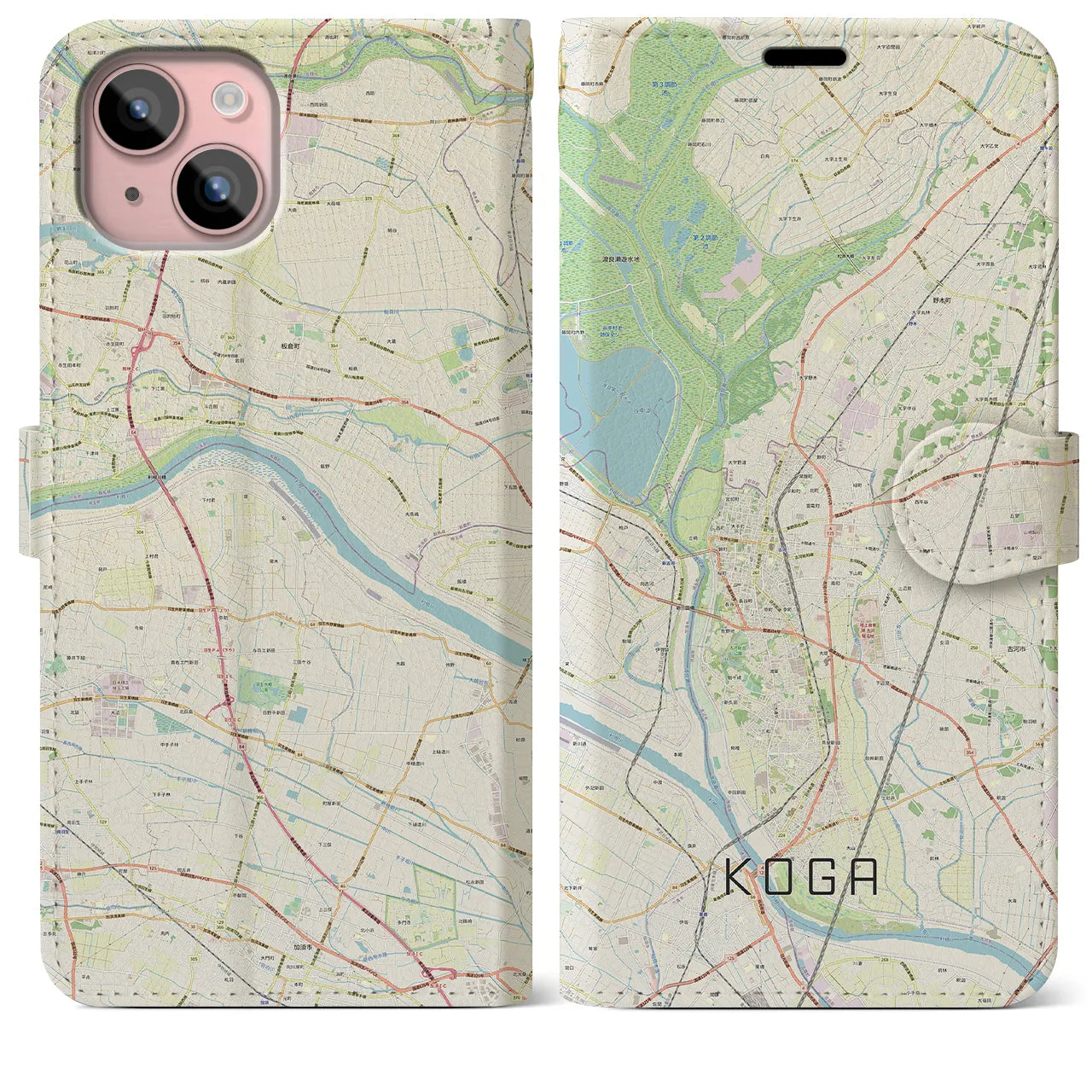 【古河(茨城県)】地図柄iPhoneケース(手帳タイプ)ナチュラル・iPhone 15 Plus 用