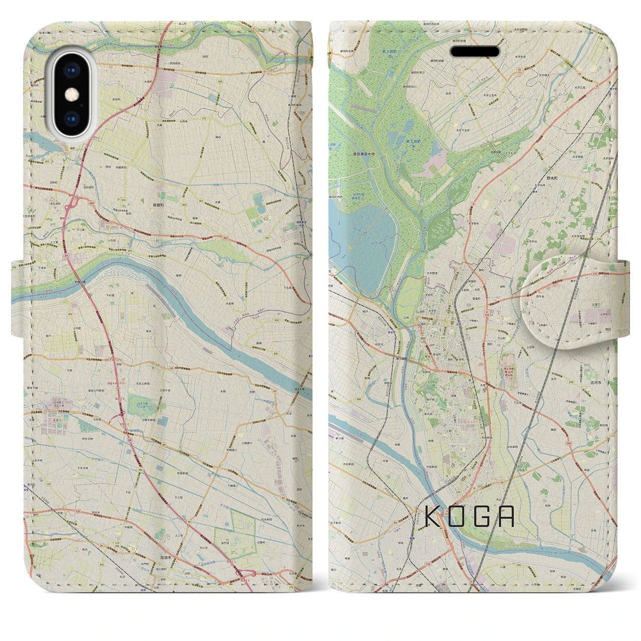 【古河(茨城県)】地図柄iPhoneケース(手帳タイプ)ナチュラル・iPhone XS Max 用
