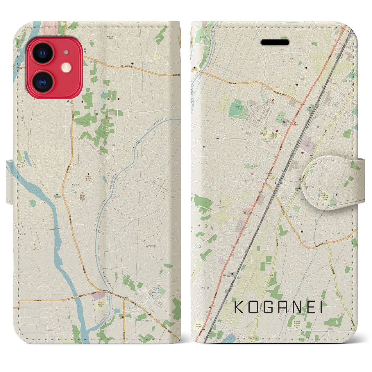 【小金井(栃木県)】地図柄iPhoneケース(手帳タイプ)ナチュラル・iPhone 11 用