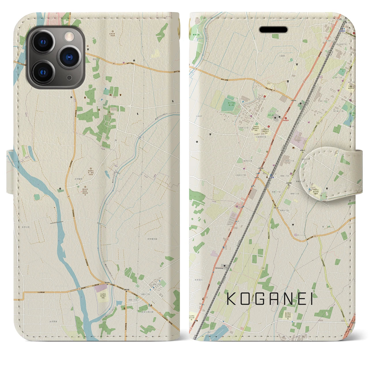 【小金井(栃木県)】地図柄iPhoneケース(手帳タイプ)ナチュラル・iPhone 11 Pro Max 用