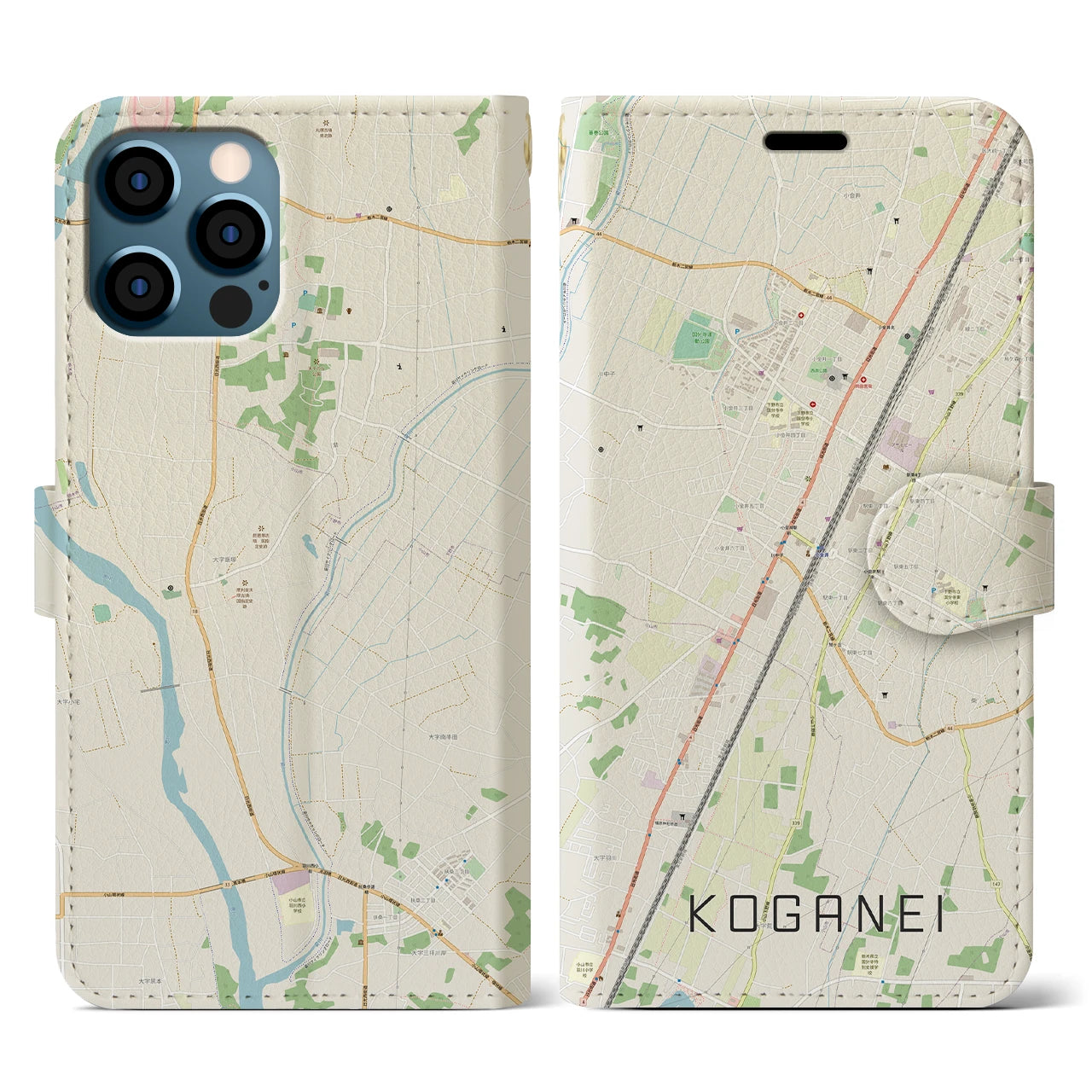 【小金井(栃木県)】地図柄iPhoneケース(手帳タイプ)ナチュラル・iPhone 12 / 12 Pro 用