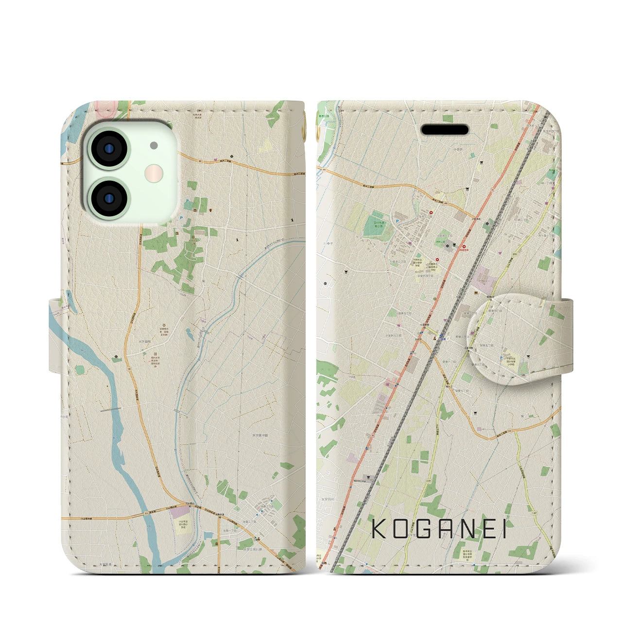 【小金井(栃木県)】地図柄iPhoneケース(手帳タイプ)ナチュラル・iPhone 12 mini 用