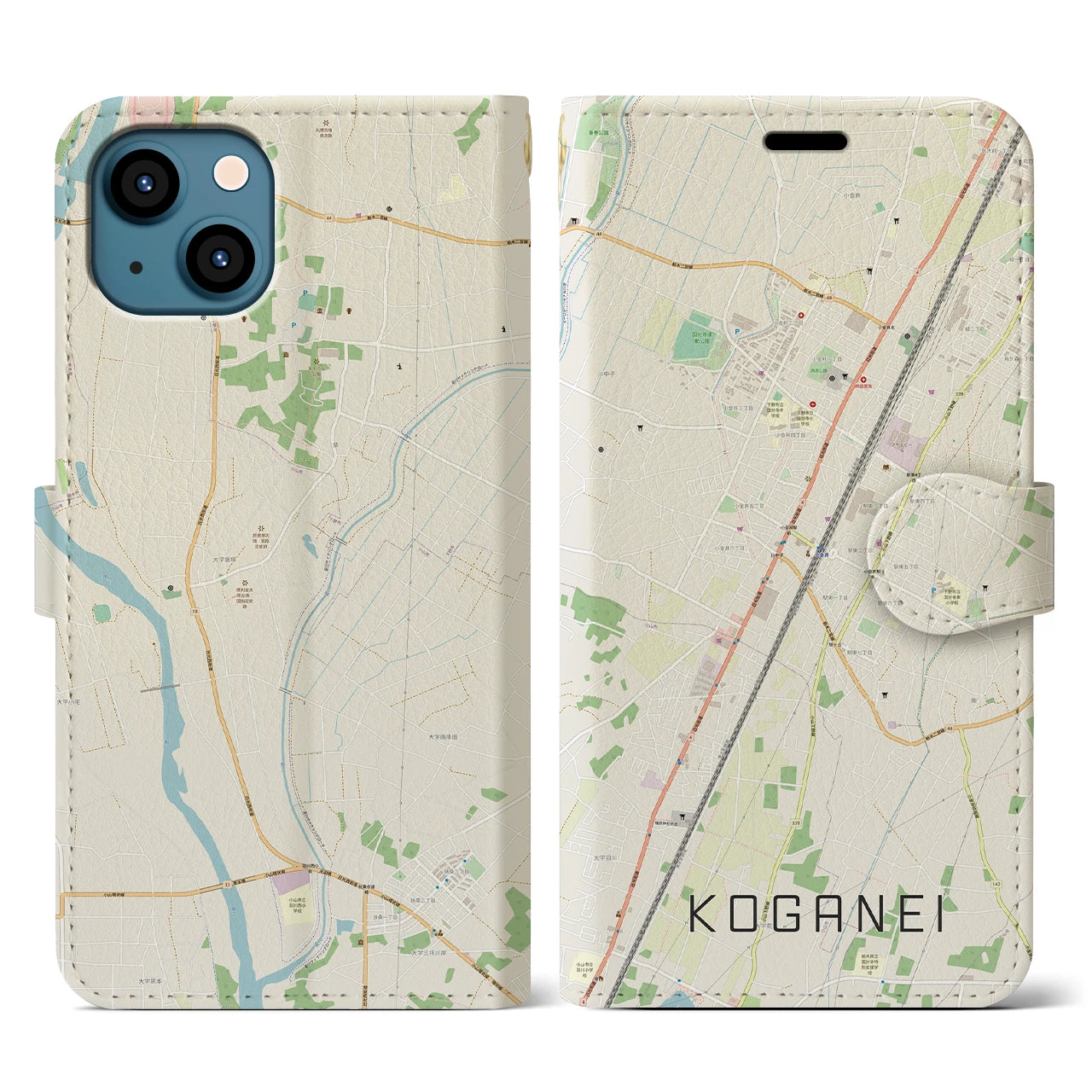 【小金井(栃木県)】地図柄iPhoneケース(手帳タイプ)ナチュラル・iPhone 13 用