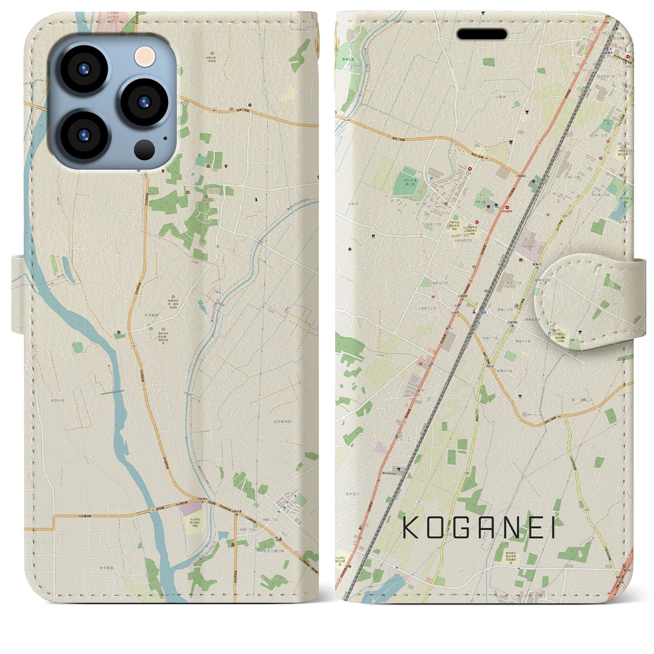 【小金井(栃木県)】地図柄iPhoneケース(手帳タイプ)ナチュラル・iPhone 13 Pro Max 用