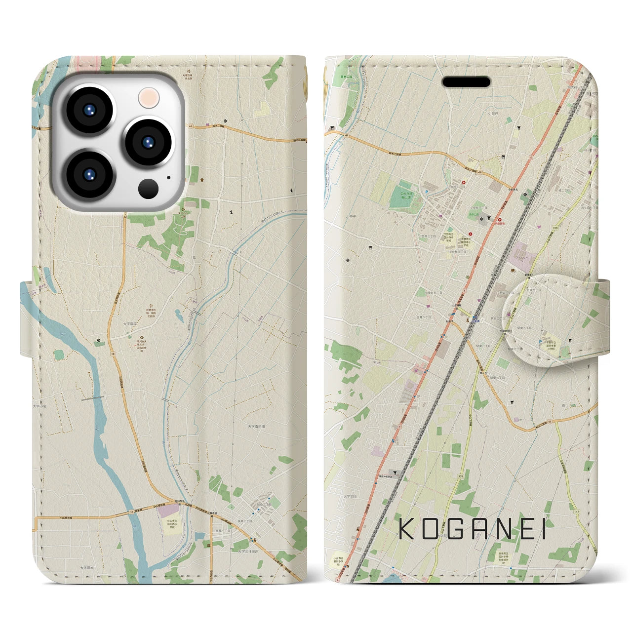 【小金井(栃木県)】地図柄iPhoneケース(手帳タイプ)ナチュラル・iPhone 13 Pro 用