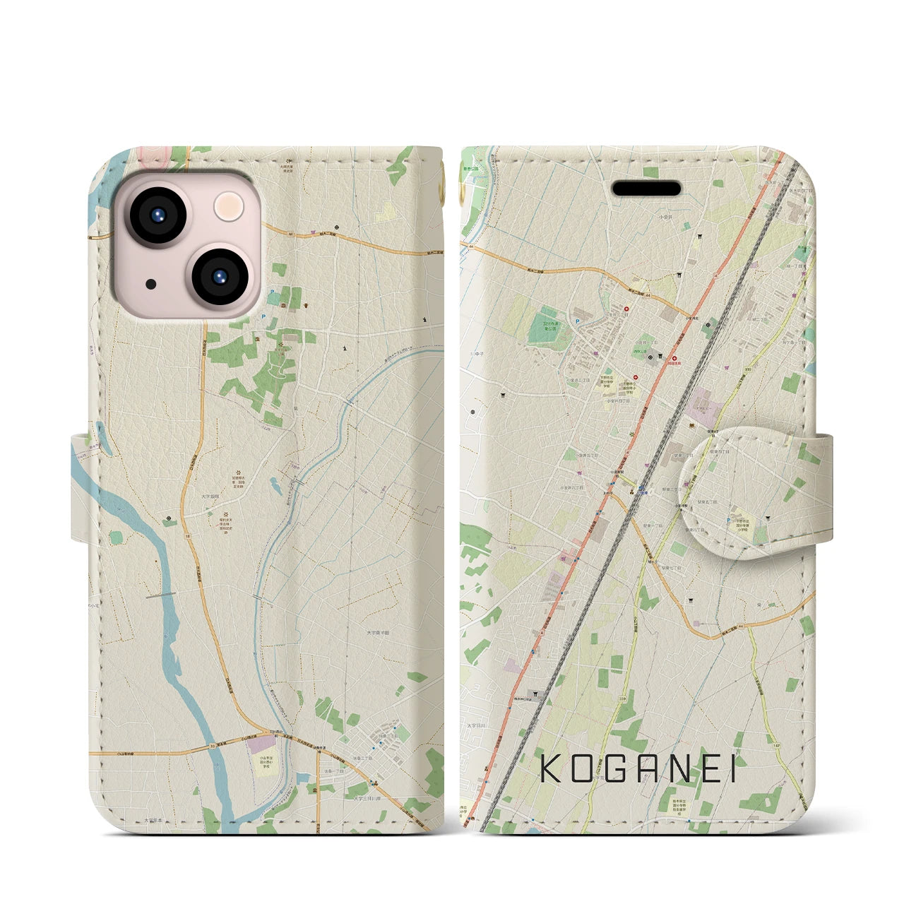【小金井(栃木県)】地図柄iPhoneケース(手帳タイプ)ナチュラル・iPhone 13 mini 用