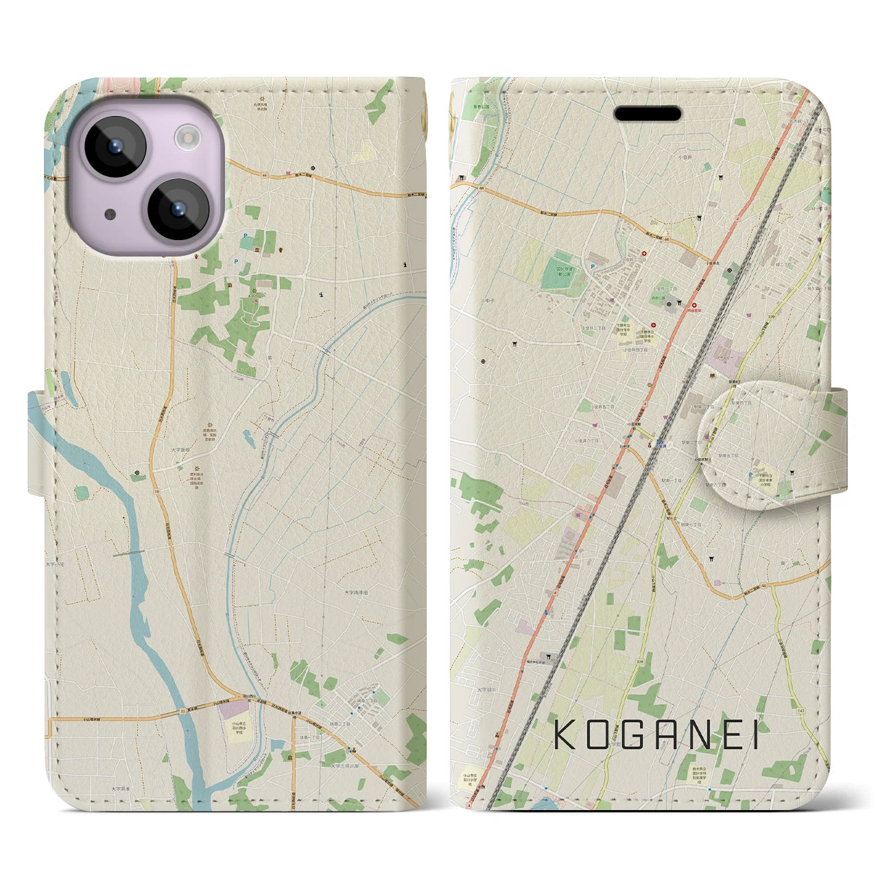 【小金井(栃木県)】地図柄iPhoneケース(手帳タイプ)ナチュラル・iPhone 14 用