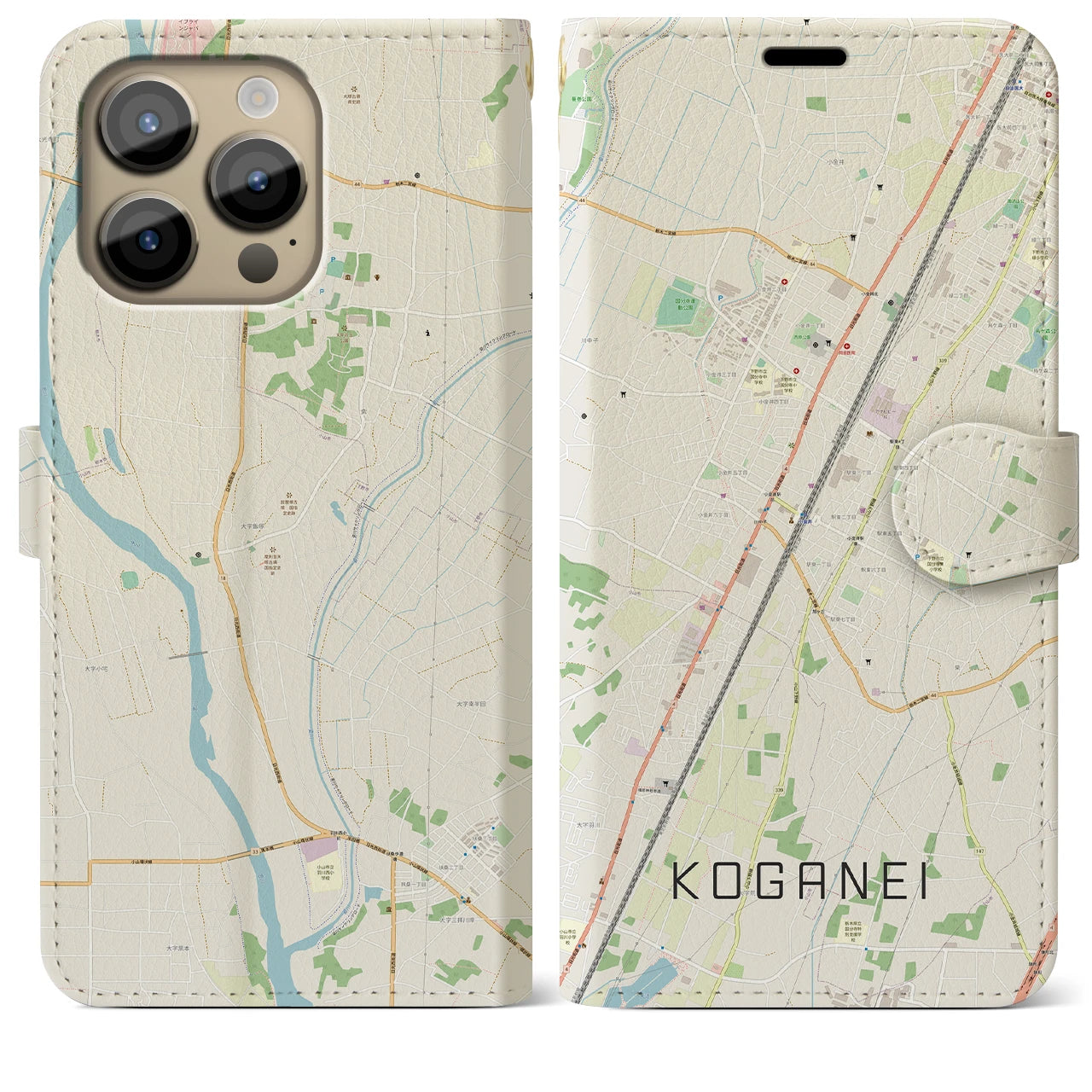 【小金井(栃木県)】地図柄iPhoneケース(手帳タイプ)ナチュラル・iPhone 14 Pro Max 用
