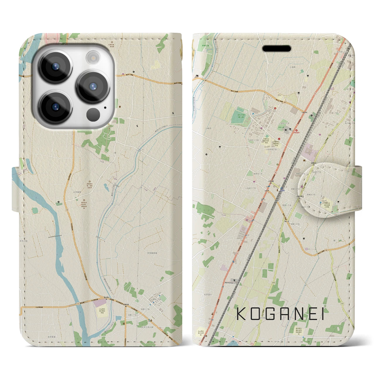 【小金井(栃木県)】地図柄iPhoneケース(手帳タイプ)ナチュラル・iPhone 14 Pro 用