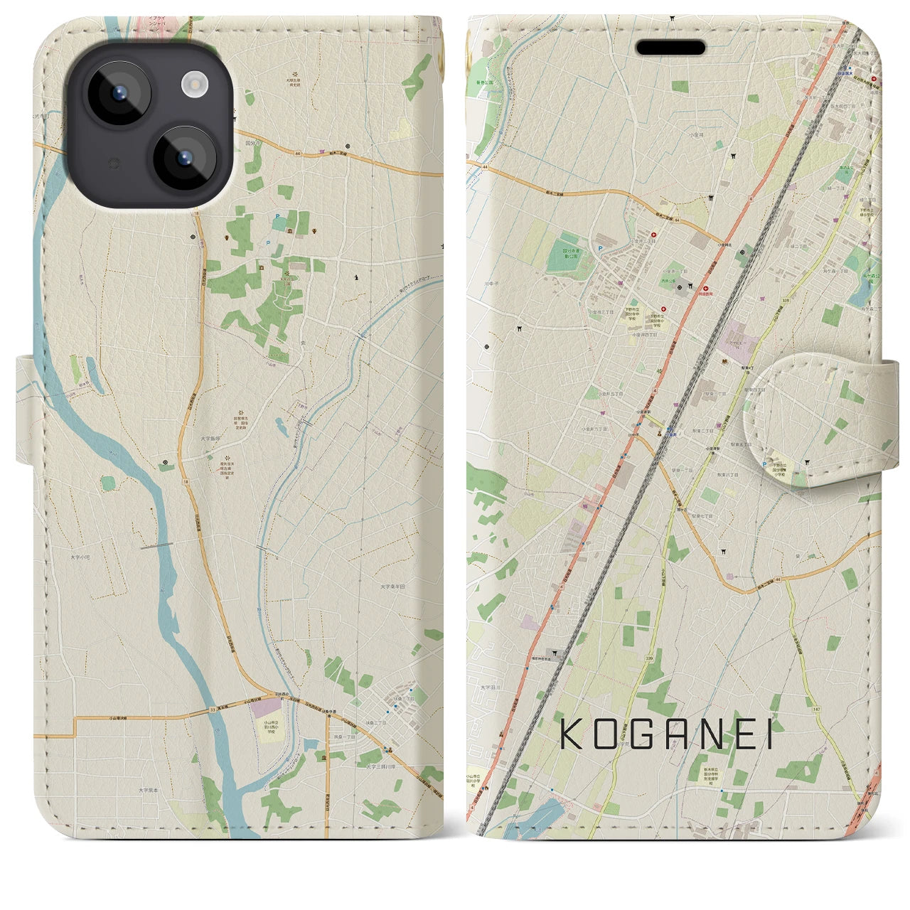 【小金井(栃木県)】地図柄iPhoneケース(手帳タイプ)ナチュラル・iPhone 14 Plus 用
