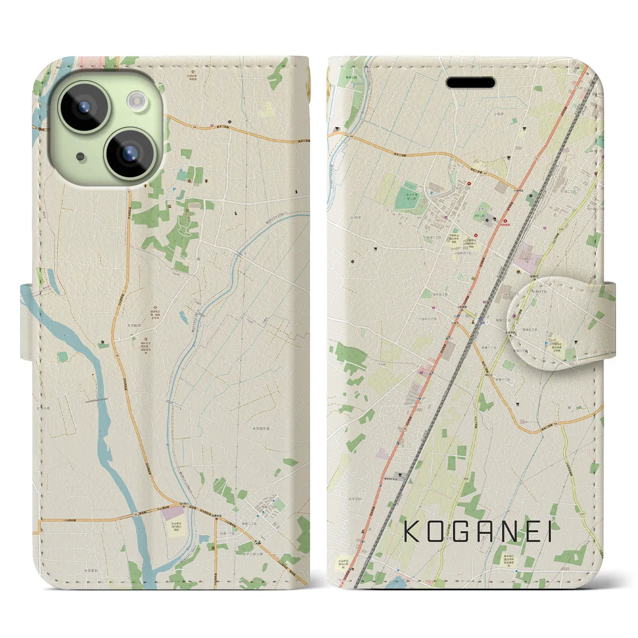 【小金井(栃木県)】地図柄iPhoneケース(手帳タイプ)ナチュラル・iPhone 15 用