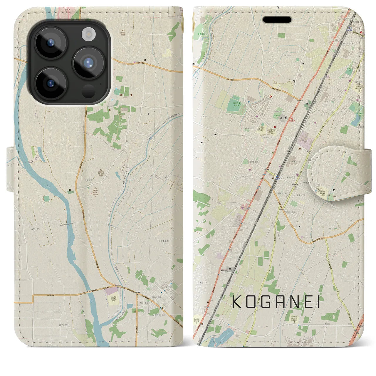 【小金井(栃木県)】地図柄iPhoneケース(手帳タイプ)ナチュラル・iPhone 15 Pro Max 用