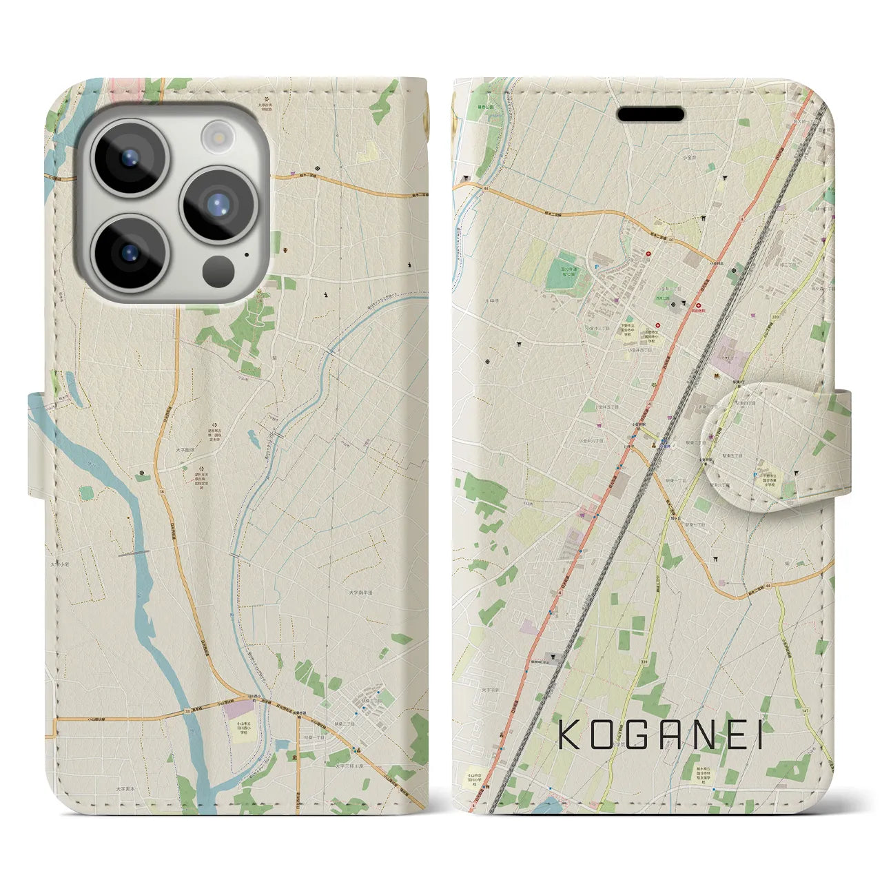 【小金井(栃木県)】地図柄iPhoneケース(手帳タイプ)ナチュラル・iPhone 15 Pro 用