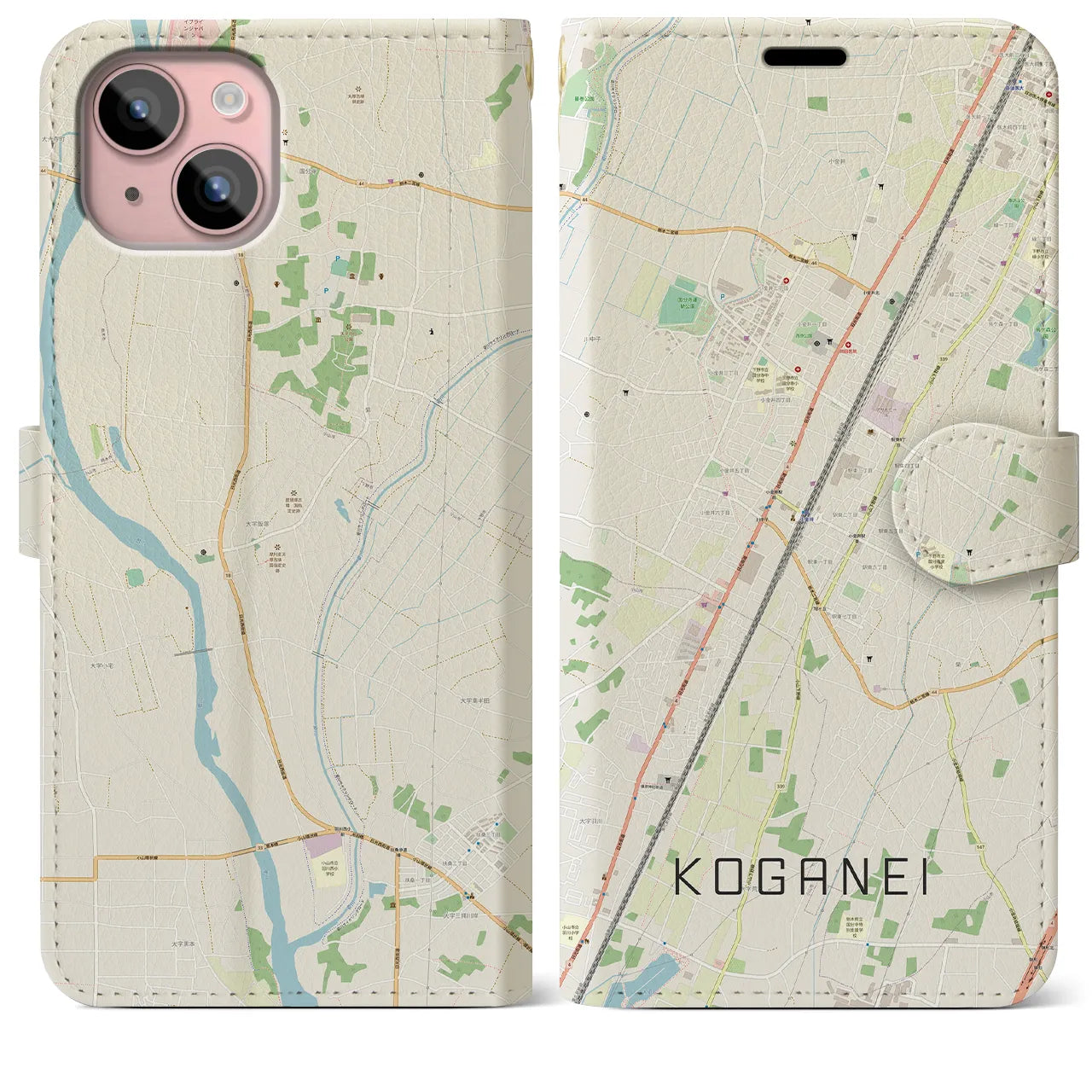 【小金井(栃木県)】地図柄iPhoneケース(手帳タイプ)ナチュラル・iPhone 15 Plus 用