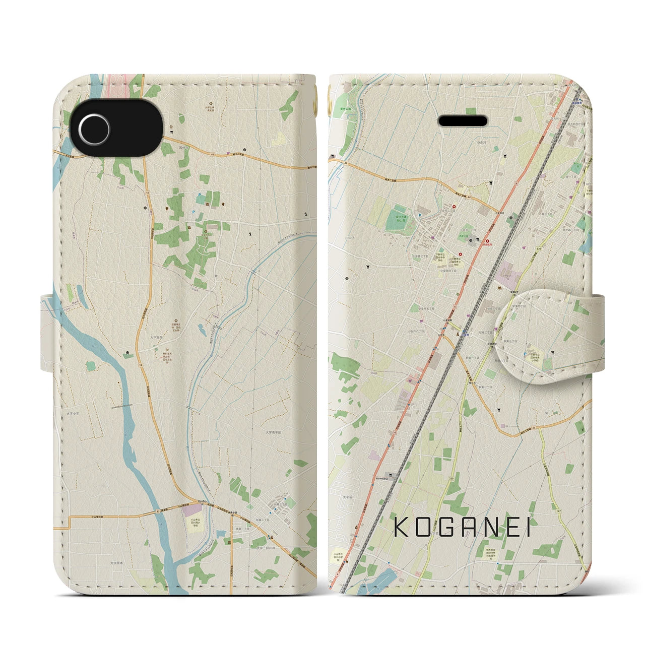 【小金井(栃木県)】地図柄iPhoneケース(手帳タイプ)ナチュラル・iPhone SE(第3 / 第2世代) / 8 / 7 / 6s / 6 用