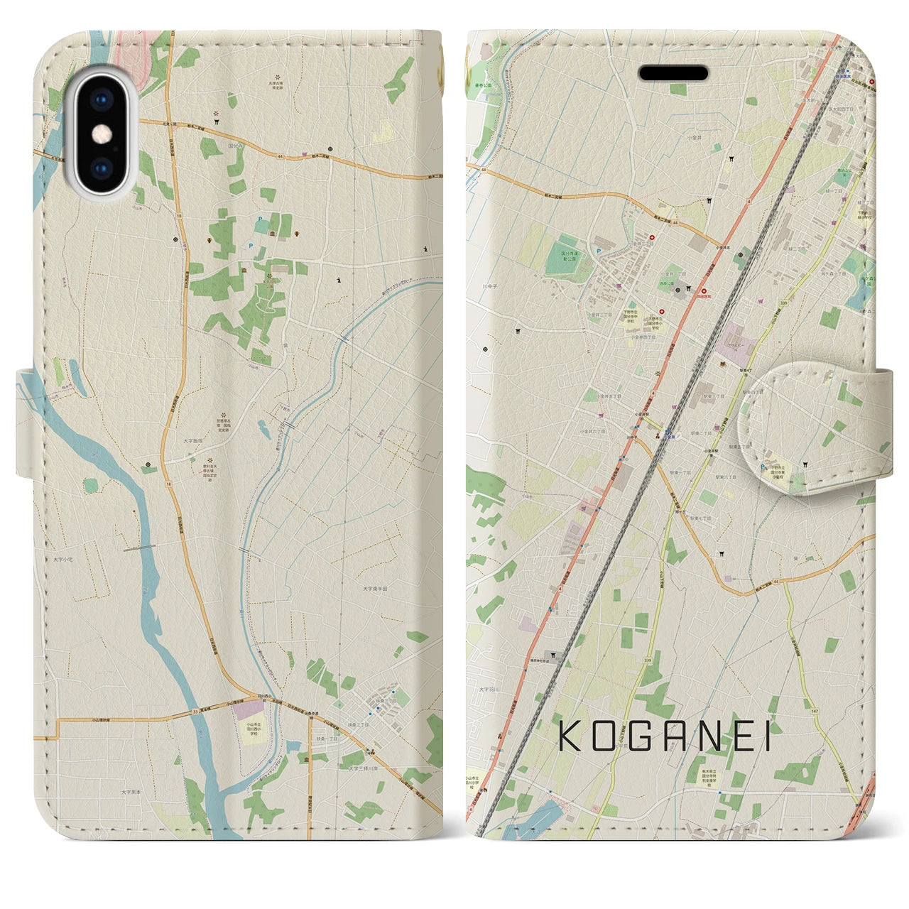 【小金井(栃木県)】地図柄iPhoneケース(手帳タイプ)ナチュラル・iPhone XS Max 用