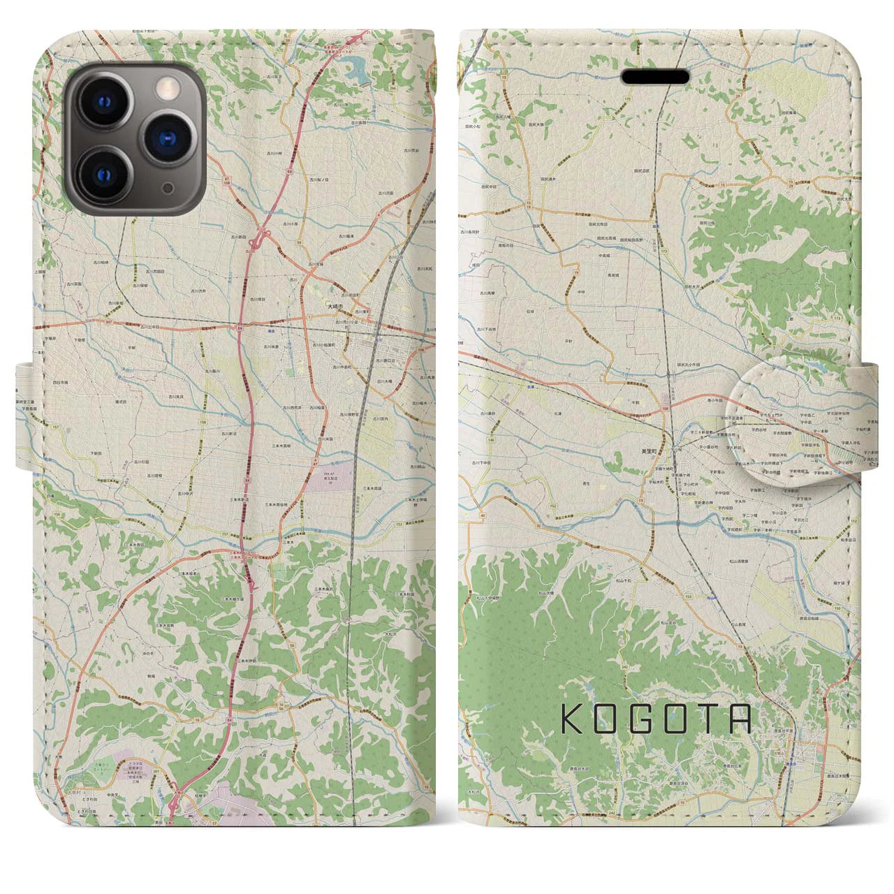 【小牛田(宮城県)】地図柄iPhoneケース(手帳タイプ)ナチュラル・iPhone 11 Pro Max 用