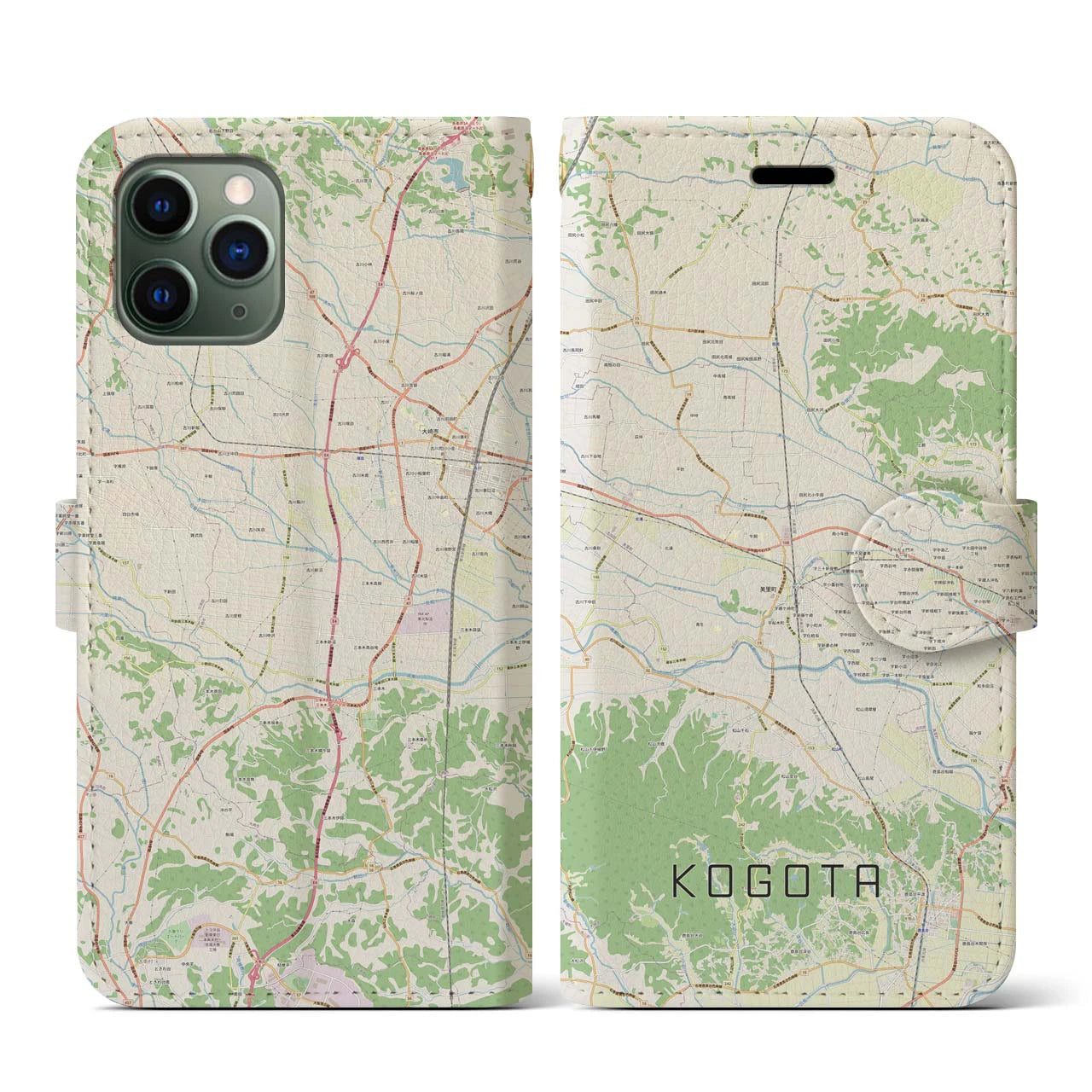 【小牛田(宮城県)】地図柄iPhoneケース(手帳タイプ)ナチュラル・iPhone 11 Pro 用