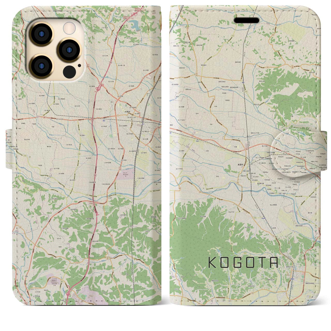【小牛田(宮城県)】地図柄iPhoneケース(手帳タイプ)ナチュラル・iPhone 12 Pro Max 用