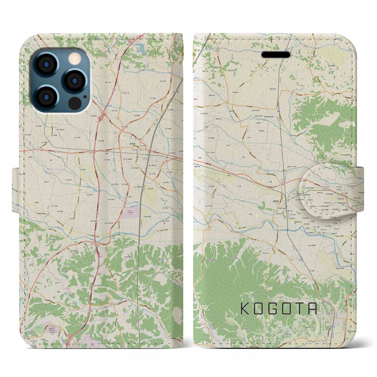【小牛田(宮城県)】地図柄iPhoneケース(手帳タイプ)ナチュラル・iPhone 12 / 12 Pro 用