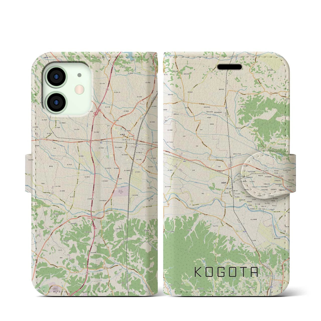 【小牛田(宮城県)】地図柄iPhoneケース(手帳タイプ)ナチュラル・iPhone 12 mini 用