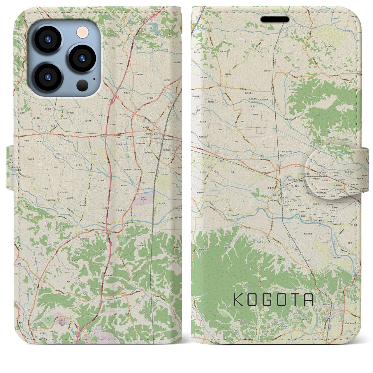 【小牛田(宮城県)】地図柄iPhoneケース(手帳タイプ)ナチュラル・iPhone 13 Pro Max 用