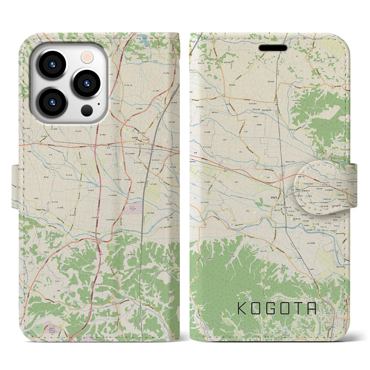 【小牛田(宮城県)】地図柄iPhoneケース(手帳タイプ)ナチュラル・iPhone 13 Pro 用